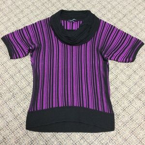 Evan Picone Cowl Neck Black Purple Fuchsia Ribbed Short Sleeve Sweater * Small